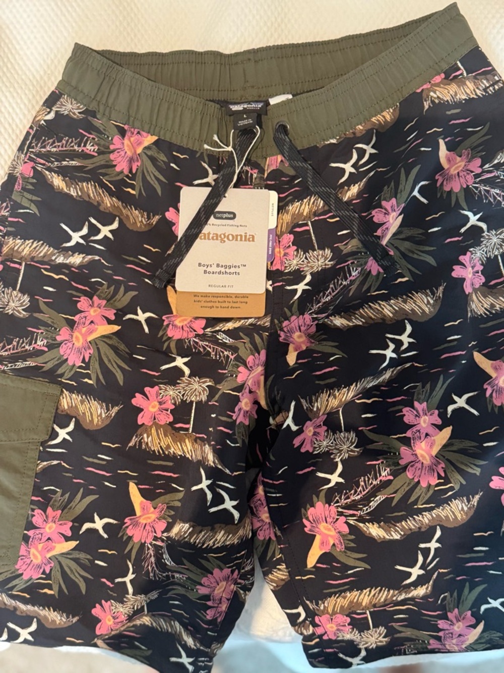 Patagonia Black Swim Shorts with Pink Floral Print - BOYS SIZE L